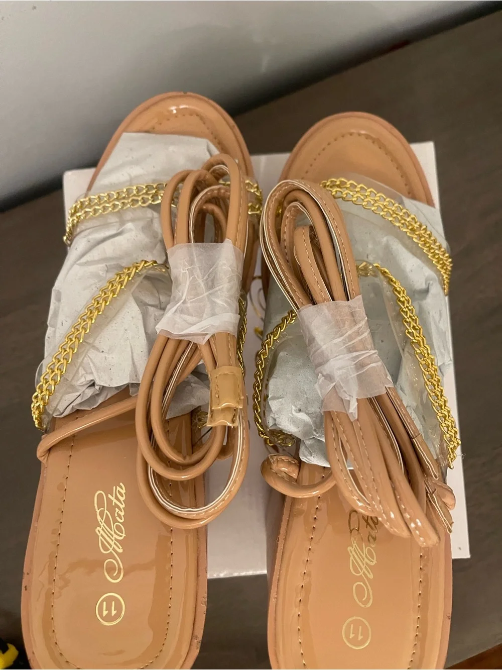 Chunky Platform Sandals with Gold Chain Accent - Nude